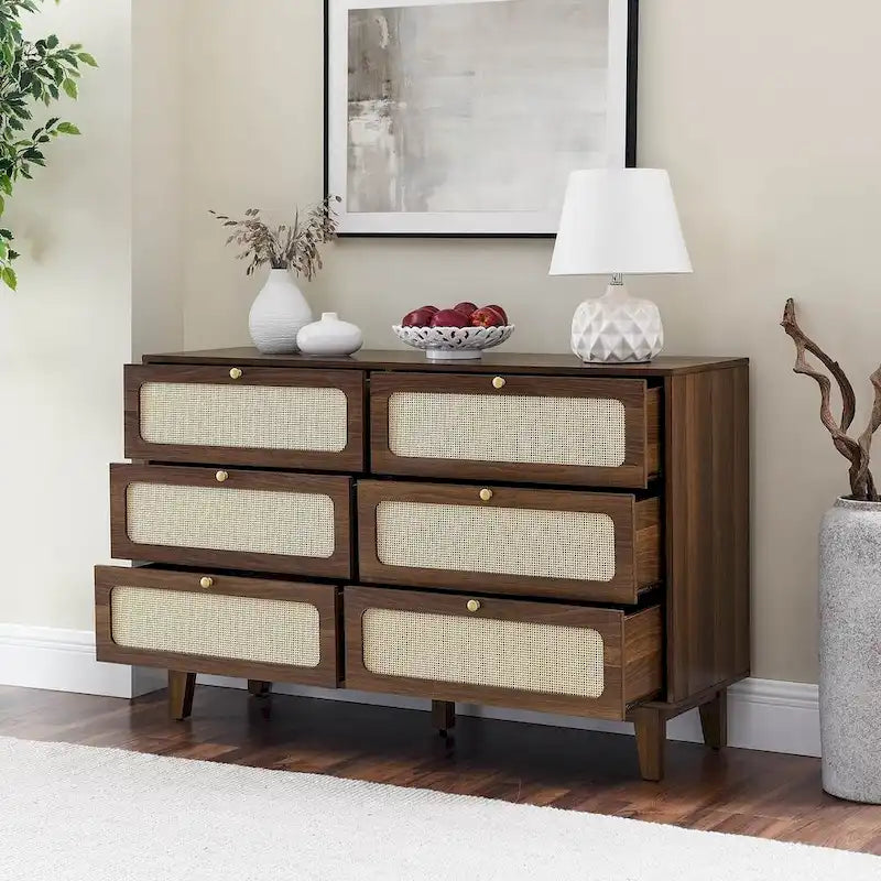 Modern Rattan Solid Wood Dresser with 6 Drawers for Bedroom
