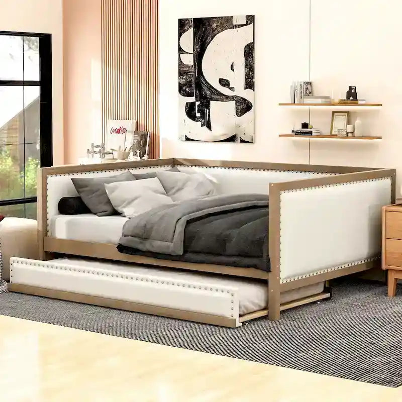 Nestfair Full Size Upholstered Daybed with Trundle or 2 Drawers and Nailhead Decoration