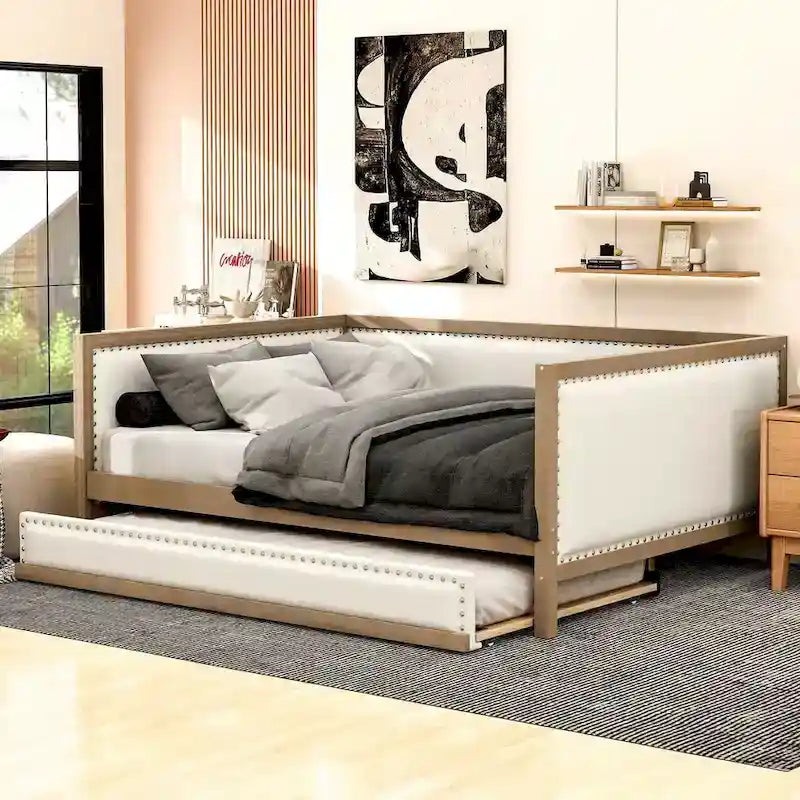 Nestfair Full Size Upholstered Daybed with Trundle or 2 Drawers and Nailhead Decoration