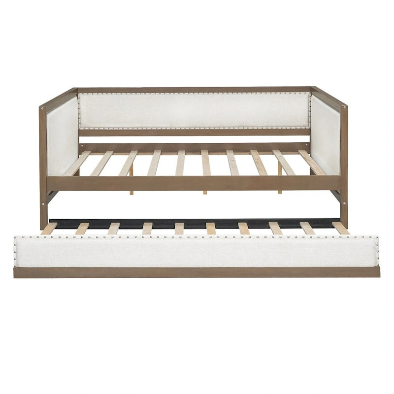 Nestfair Full Size Upholstered Daybed with Trundle or 2 Drawers and Nailhead Decoration