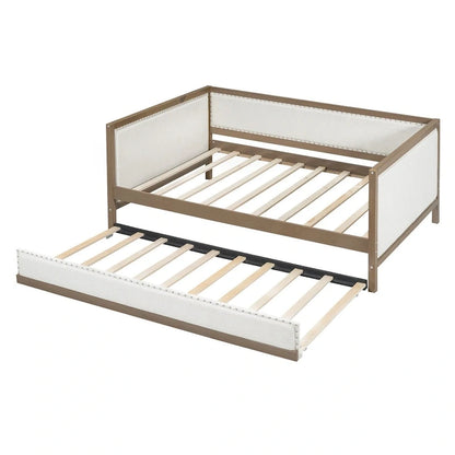 Nestfair Full Size Upholstered Daybed with Trundle or 2 Drawers and Nailhead Decoration