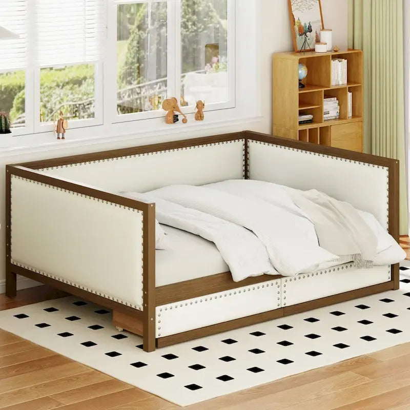 Nestfair Full Size Upholstered Daybed with Trundle or 2 Drawers and Nailhead Decoration