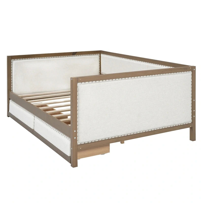 Nestfair Full Size Upholstered Daybed with Trundle or 2 Drawers and Nailhead Decoration