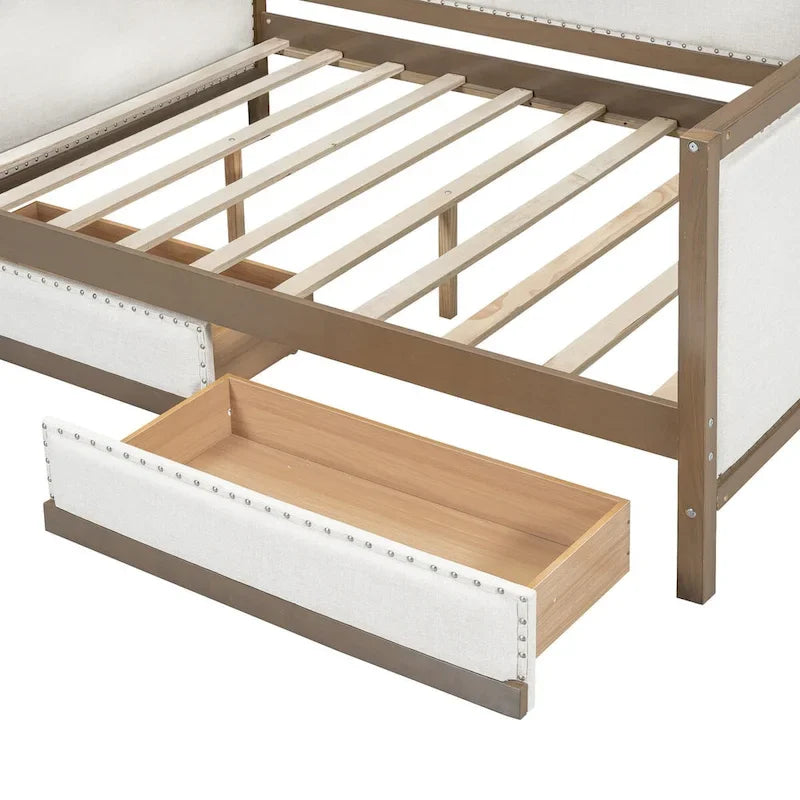Nestfair Full Size Upholstered Daybed with Trundle or 2 Drawers and Nailhead Decoration