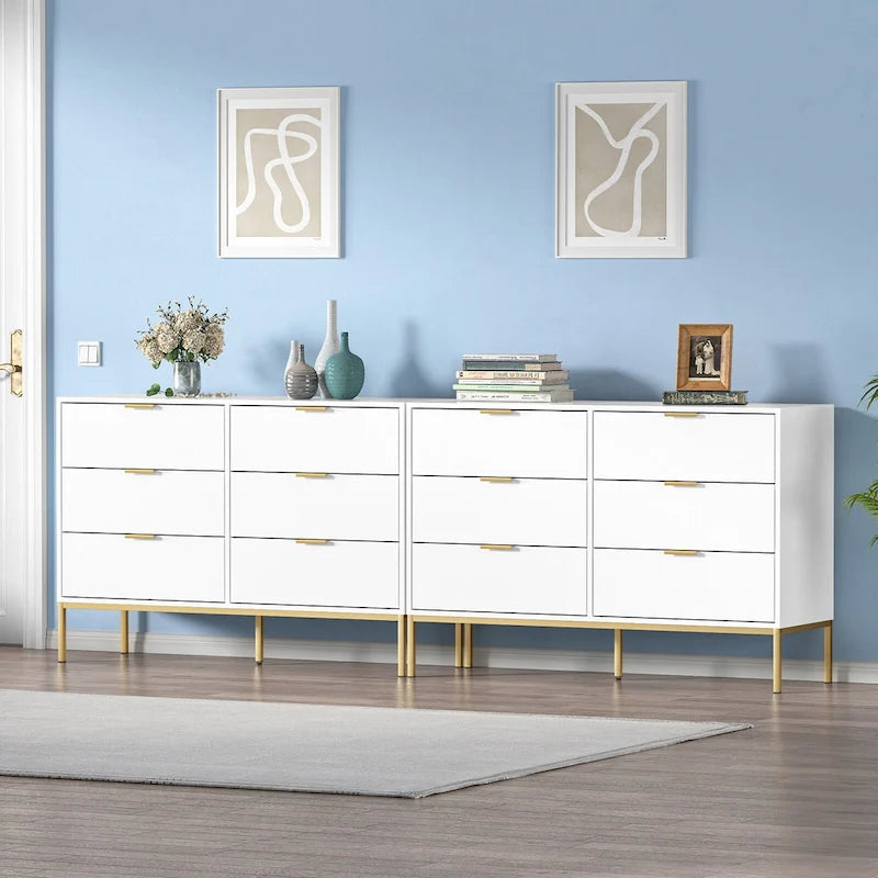 Anmytek Modern 6-Drawer Double Dresser for Bedroom Wood Chest of Drawers White Wide Storage