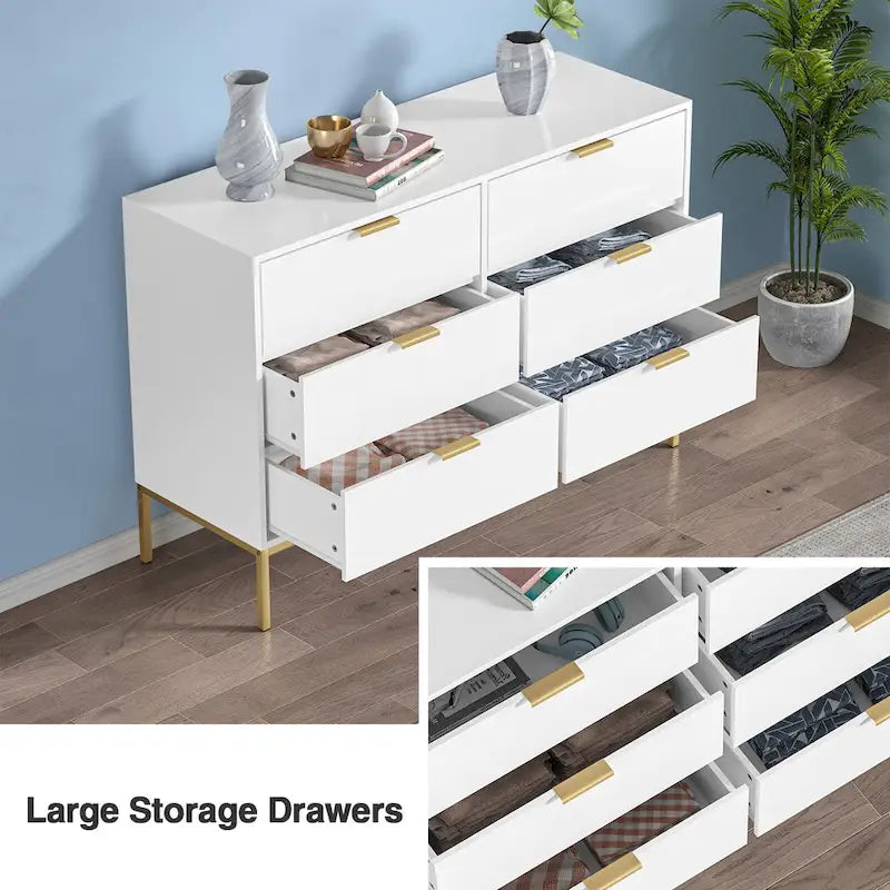 Anmytek Modern 6-Drawer Double Dresser for Bedroom Wood Chest of Drawers White Wide Storage