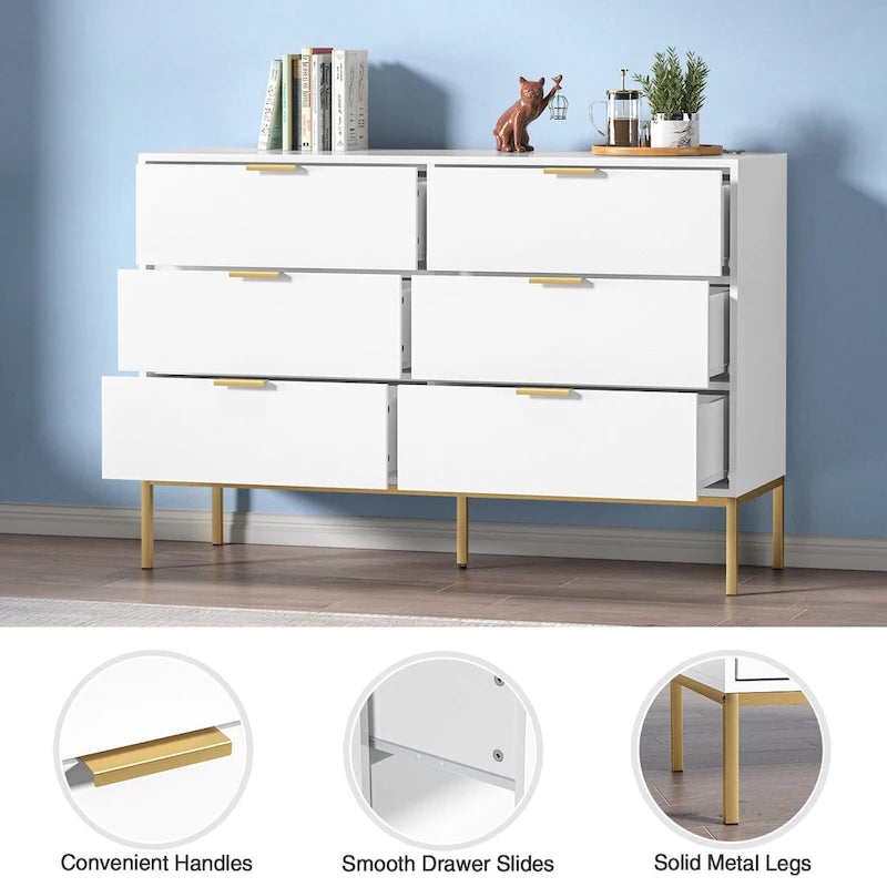 Anmytek Modern 6-Drawer Double Dresser for Bedroom Wood Chest of Drawers White Wide Storage
