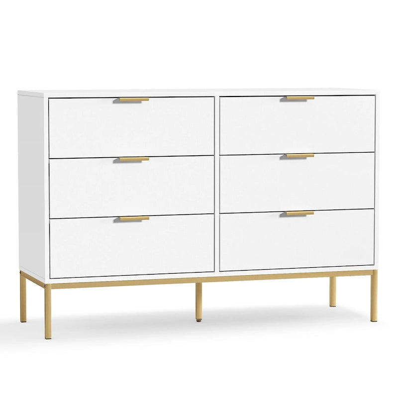 Anmytek Modern 6-Drawer Double Dresser for Bedroom Wood Chest of Drawers White Wide Storage