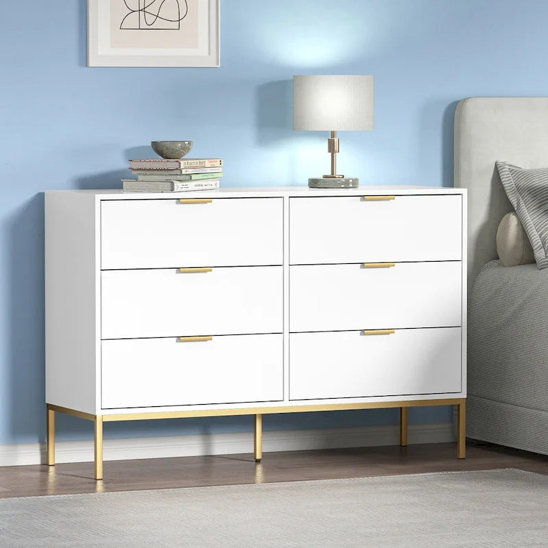 Anmytek Modern 6-Drawer Double Dresser for Bedroom Wood Chest of Drawers White Wide Storage