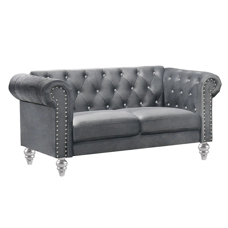 Ben 62 Inch Velvet Loveseat with Crystal Tufted Back, Grey