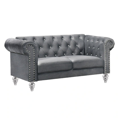 Ben 62 Inch Velvet Loveseat with Crystal Tufted Back, Grey