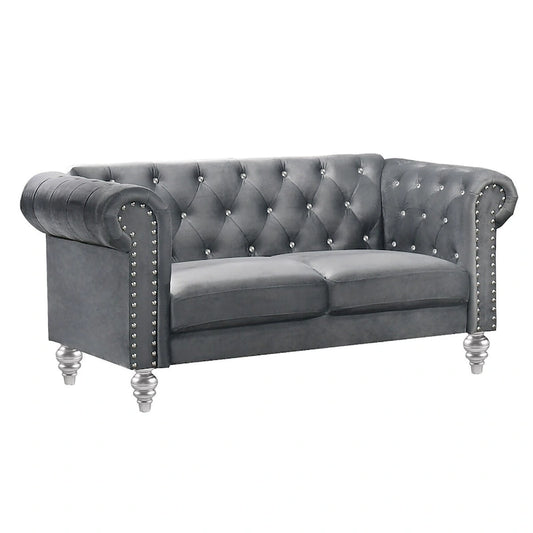 Ben 62 Inch Velvet Loveseat with Crystal Tufted Back, Grey