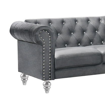 Ben 62 Inch Velvet Loveseat with Crystal Tufted Back, Grey