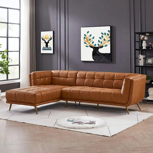 Kameron Luxury Modern Chesterfield Genuine Leather Sectional Couch in Cognac Tan