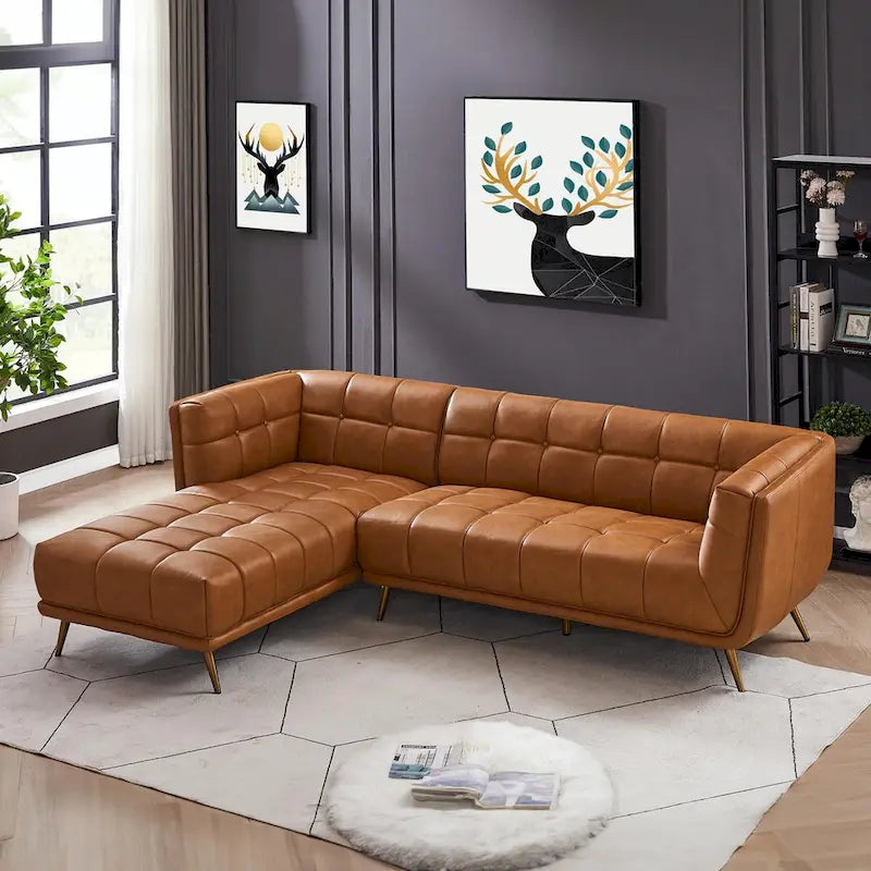 Kameron Luxury Modern Chesterfield Genuine Leather Sectional Couch in Cognac Tan