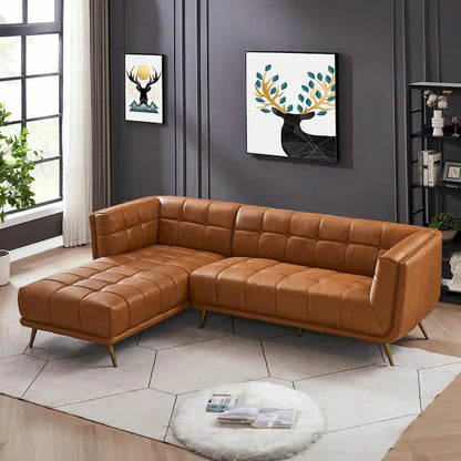 Kameron Luxury Modern Chesterfield Genuine Leather Sectional Couch in Cognac Tan
