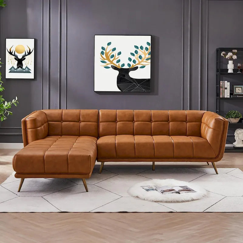 Kameron Luxury Modern Chesterfield Genuine Leather Sectional Couch in Cognac Tan