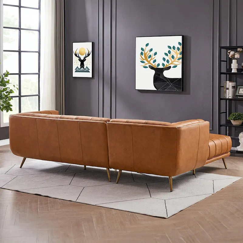 Kameron Luxury Modern Chesterfield Genuine Leather Sectional Couch in Cognac Tan