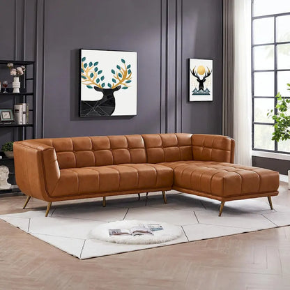 Kameron Luxury Modern Chesterfield Genuine Leather Sectional Couch in Cognac Tan