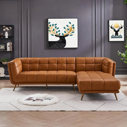 Kameron Luxury Modern Chesterfield Genuine Leather Sectional Couch in Cognac Tan