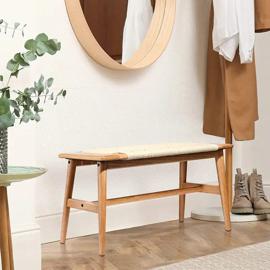 Grondin Boho Style Indoor Solid Oak Wood Bench with Woven Rope Seat and Mortise Tenon Joint for Entryway Bedroom Dining Room