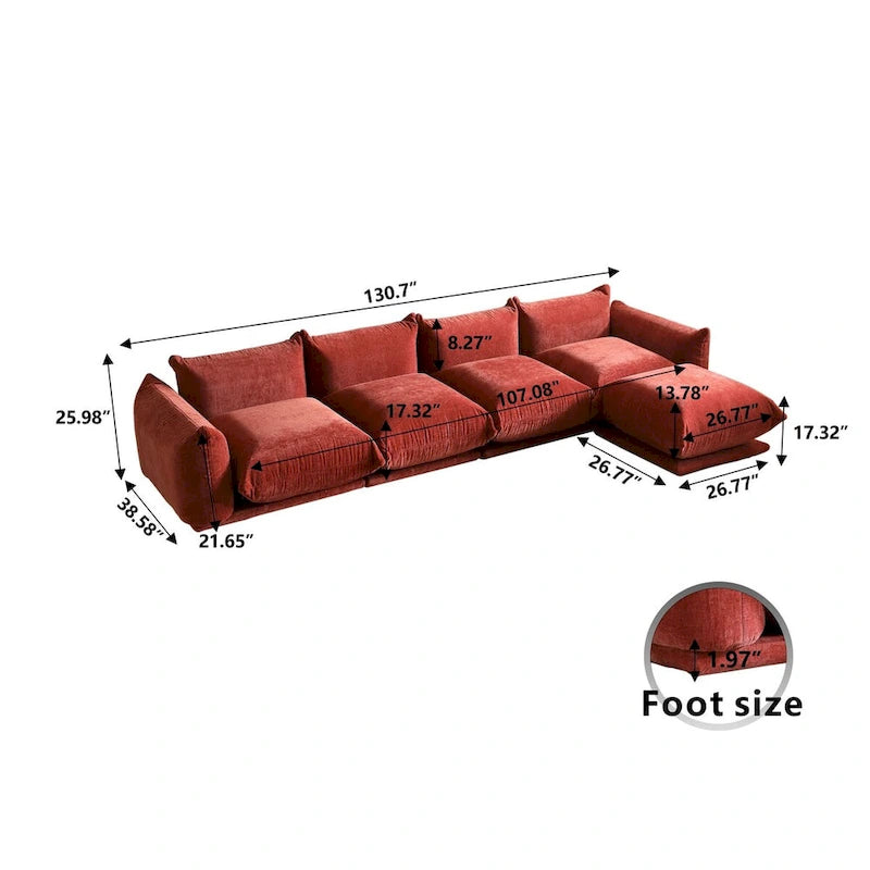 130.7 L-shape Chenille Modular Sofa Modern Sectional Semi-firm Sofa Couch with Ottoman