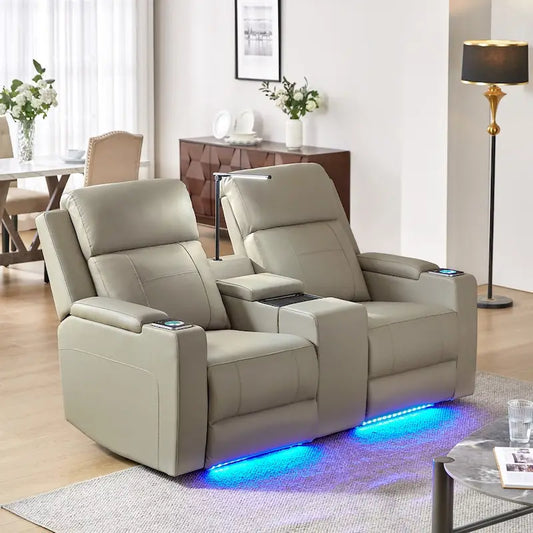 Victoria 71.26 Wide Genuine Leather Home Theater Seating with Ambient Lighting and Storage by HULALA HOME