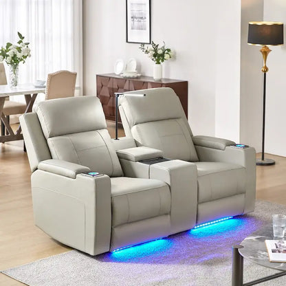 Victoria 71.26 Wide Genuine Leather Home Theater Seating with Ambient Lighting and Storage by HULALA HOME