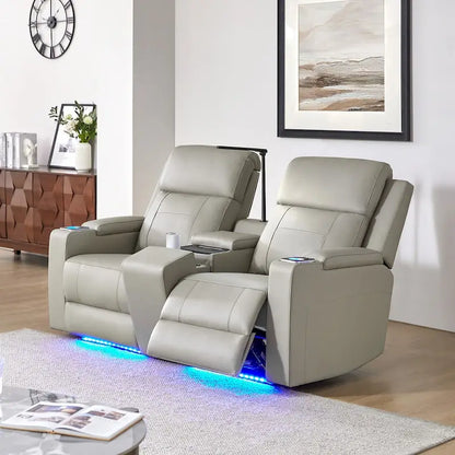 Victoria 71.26 Wide Genuine Leather Home Theater Seating with Ambient Lighting and Storage by HULALA HOME