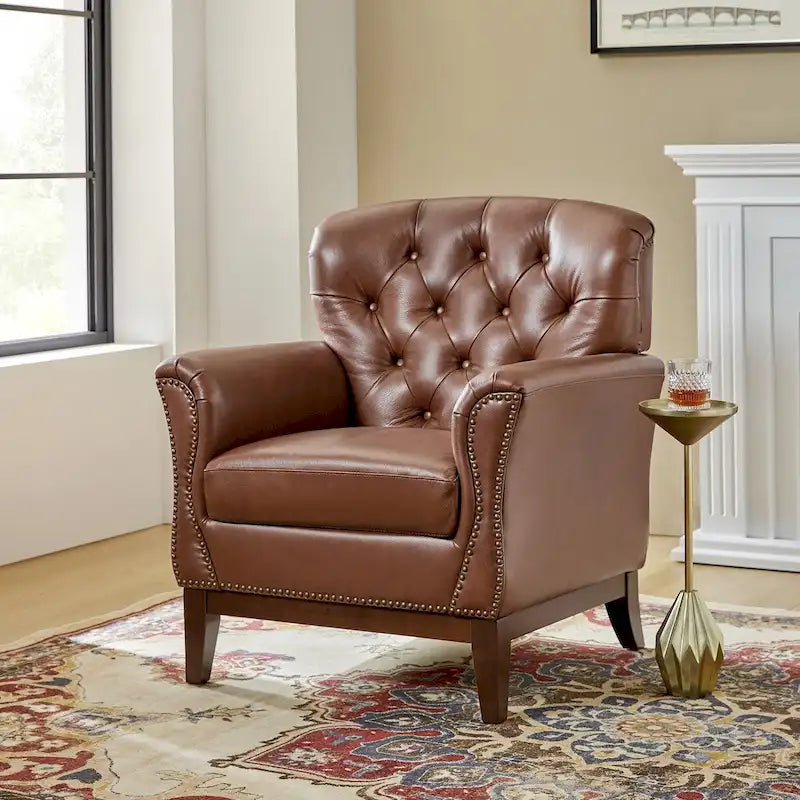 Burt Traditional Genuine Leather Accent Chair with Tufted Wing Back by HULALA HOME