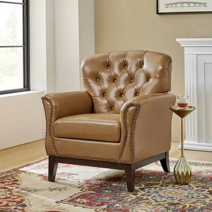 Burt Traditional Genuine Leather Accent Chair with Tufted Wing Back by HULALA HOME