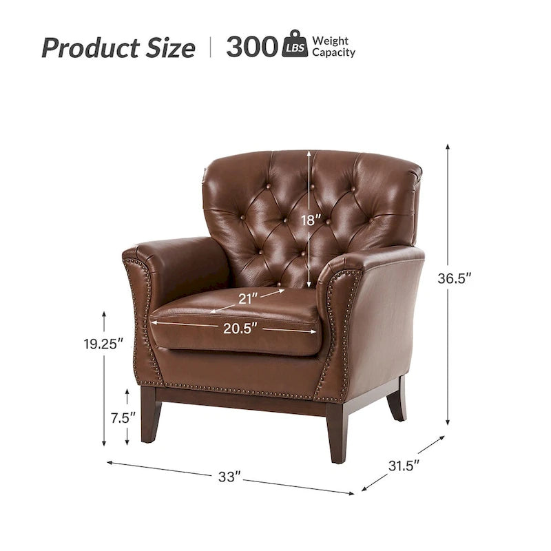 Burt Traditional Genuine Leather Accent Chair with Tufted Wing Back by HULALA HOME