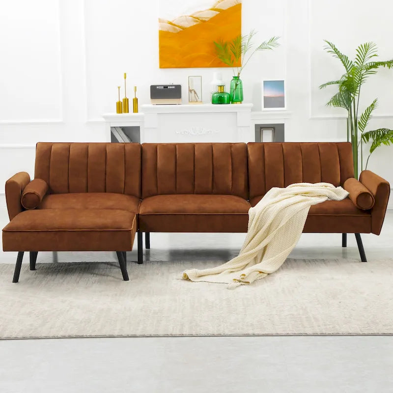 Convertible Sofa Sleeper Futon with Chaise Ottoman for Office, Velvet Futon Sofa Bed Couch