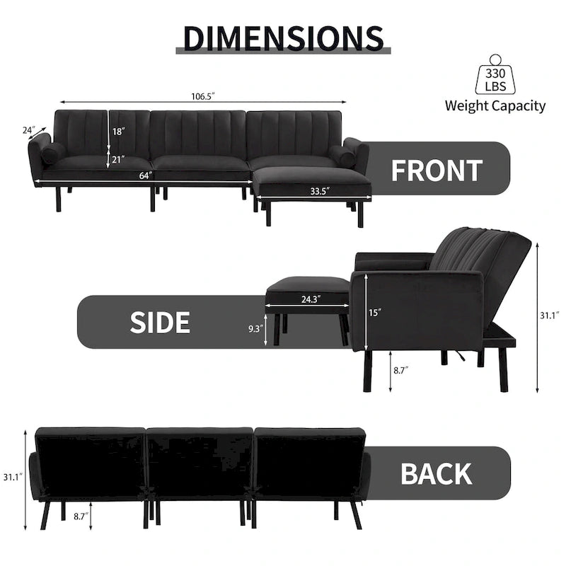 Convertible Sofa Sleeper Futon with Chaise Ottoman for Office, Velvet Futon Sofa Bed Couch