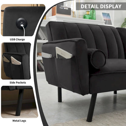 Convertible Sofa Sleeper Futon with Chaise Ottoman for Office, Velvet Futon Sofa Bed Couch