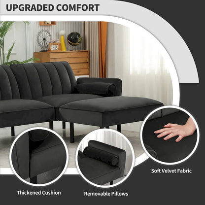 Convertible Sofa Sleeper Futon with Chaise Ottoman for Office, Velvet Futon Sofa Bed Couch
