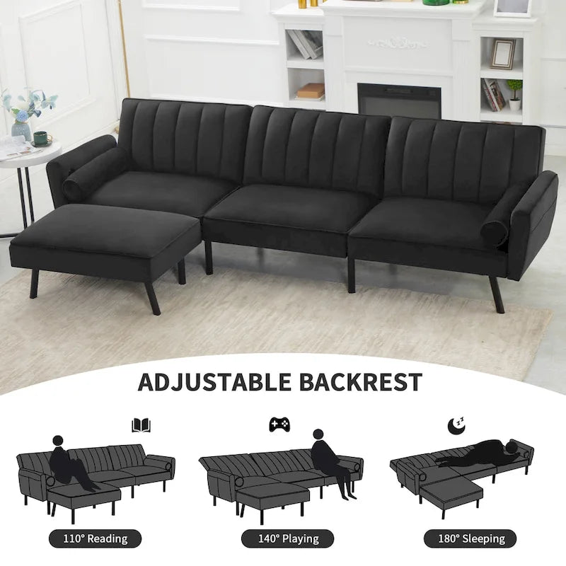 Convertible Sofa Sleeper Futon with Chaise Ottoman for Office, Velvet Futon Sofa Bed Couch