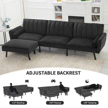 Convertible Sofa Sleeper Futon with Chaise Ottoman for Office, Velvet Futon Sofa Bed Couch