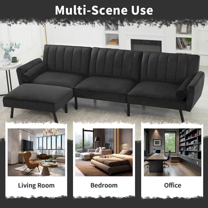 Convertible Sofa Sleeper Futon with Chaise Ottoman for Office, Velvet Futon Sofa Bed Couch