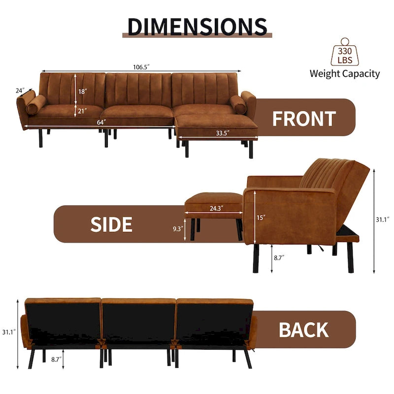 Convertible Sofa Sleeper Futon with Chaise Ottoman for Office, Velvet Futon Sofa Bed Couch