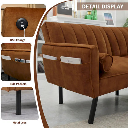 Convertible Sofa Sleeper Futon with Chaise Ottoman for Office, Velvet Futon Sofa Bed Couch