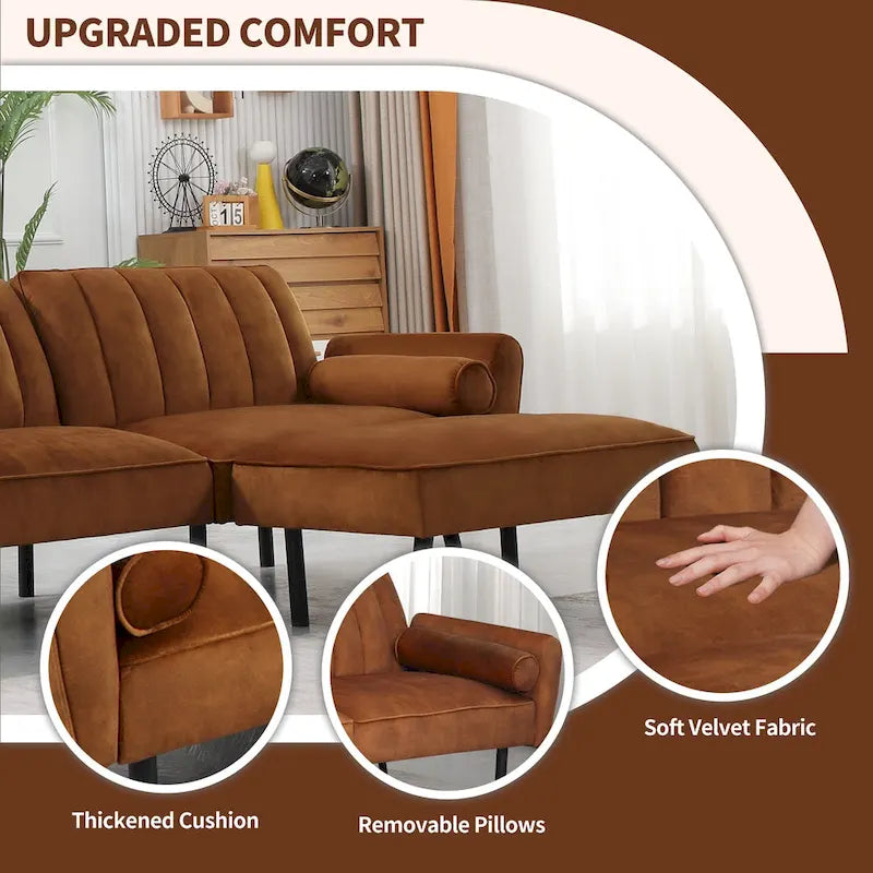 Convertible Sofa Sleeper Futon with Chaise Ottoman for Office, Velvet Futon Sofa Bed Couch