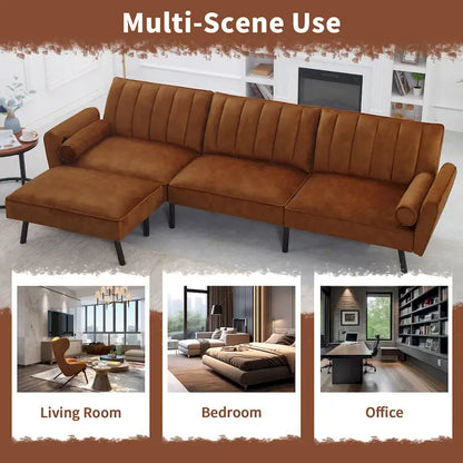 Convertible Sofa Sleeper Futon with Chaise Ottoman for Office, Velvet Futon Sofa Bed Couch