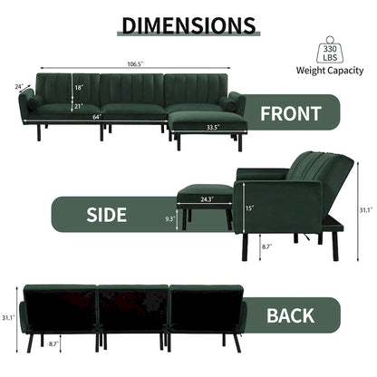 Convertible Sofa Sleeper Futon with Chaise Ottoman for Office, Velvet Futon Sofa Bed Couch