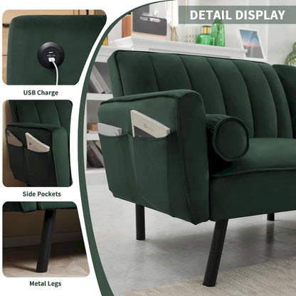 Convertible Sofa Sleeper Futon with Chaise Ottoman for Office, Velvet Futon Sofa Bed Couch