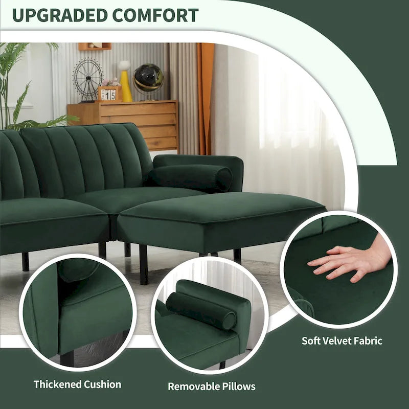 Convertible Sofa Sleeper Futon with Chaise Ottoman for Office, Velvet Futon Sofa Bed Couch
