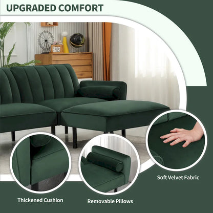 Convertible Sofa Sleeper Futon with Chaise Ottoman for Office, Velvet Futon Sofa Bed Couch