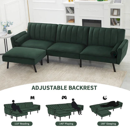 Convertible Sofa Sleeper Futon with Chaise Ottoman for Office, Velvet Futon Sofa Bed Couch