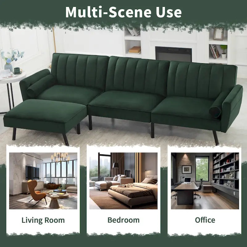 Convertible Sofa Sleeper Futon with Chaise Ottoman for Office, Velvet Futon Sofa Bed Couch