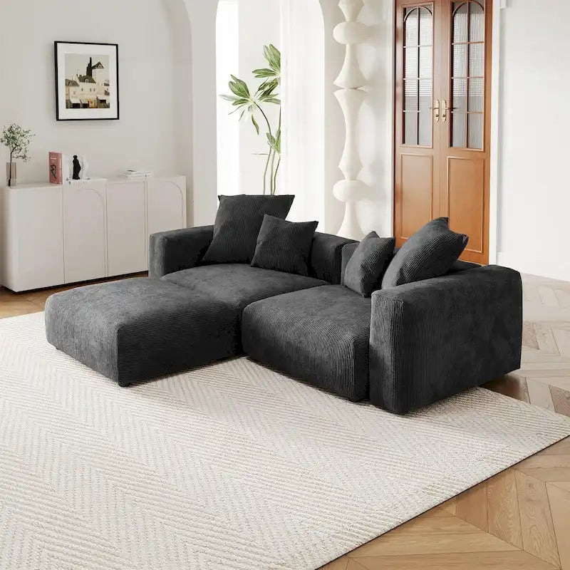 Comfy Corduroy Upholstered Deep Seat Sofa & Couch With Wood Legs and 4 Pillows